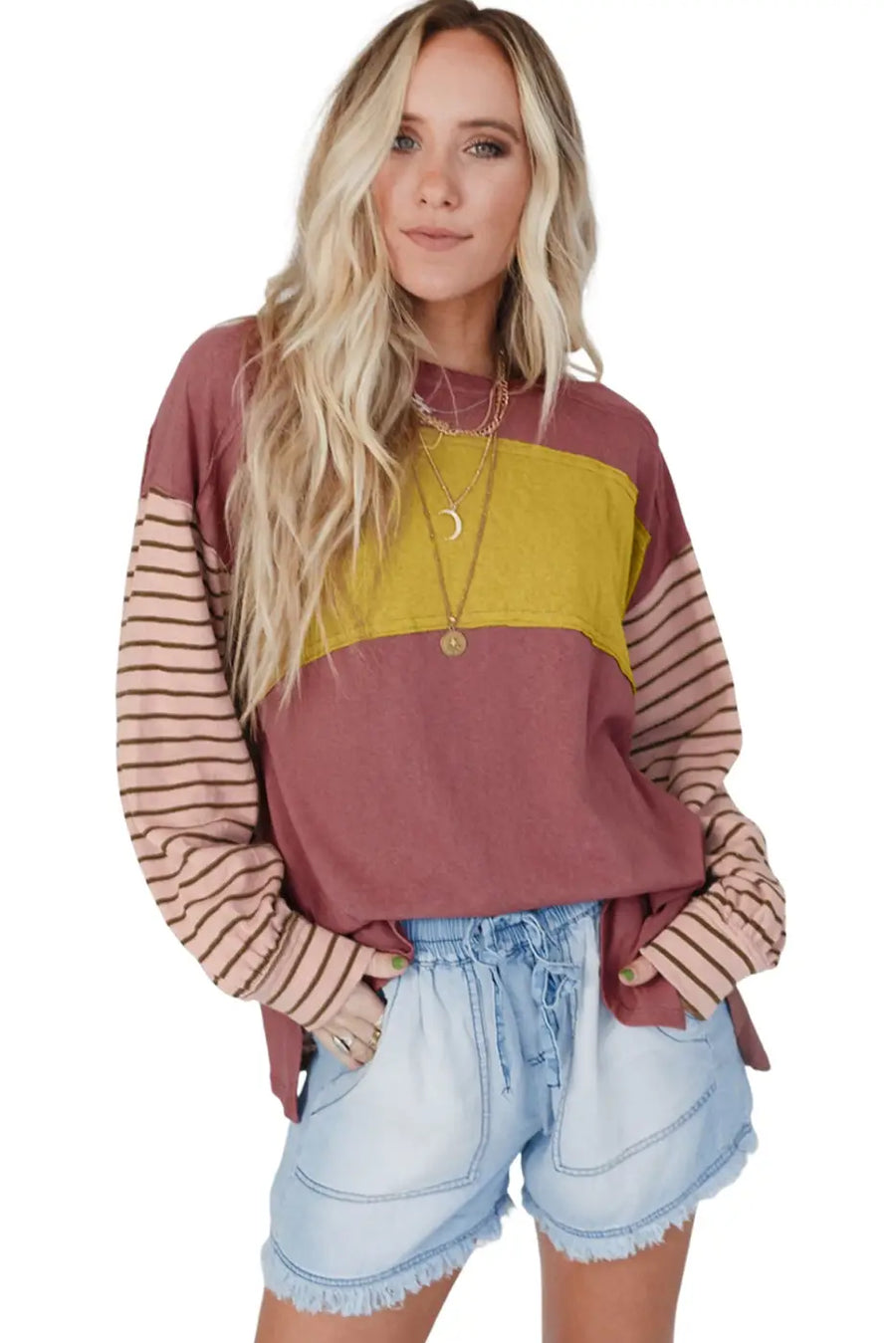 Green colorblock bishop sleeve top - striped casual chic