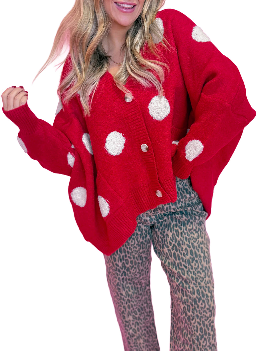 Polka Dot Button Front Oversized V-Neck Cardigan