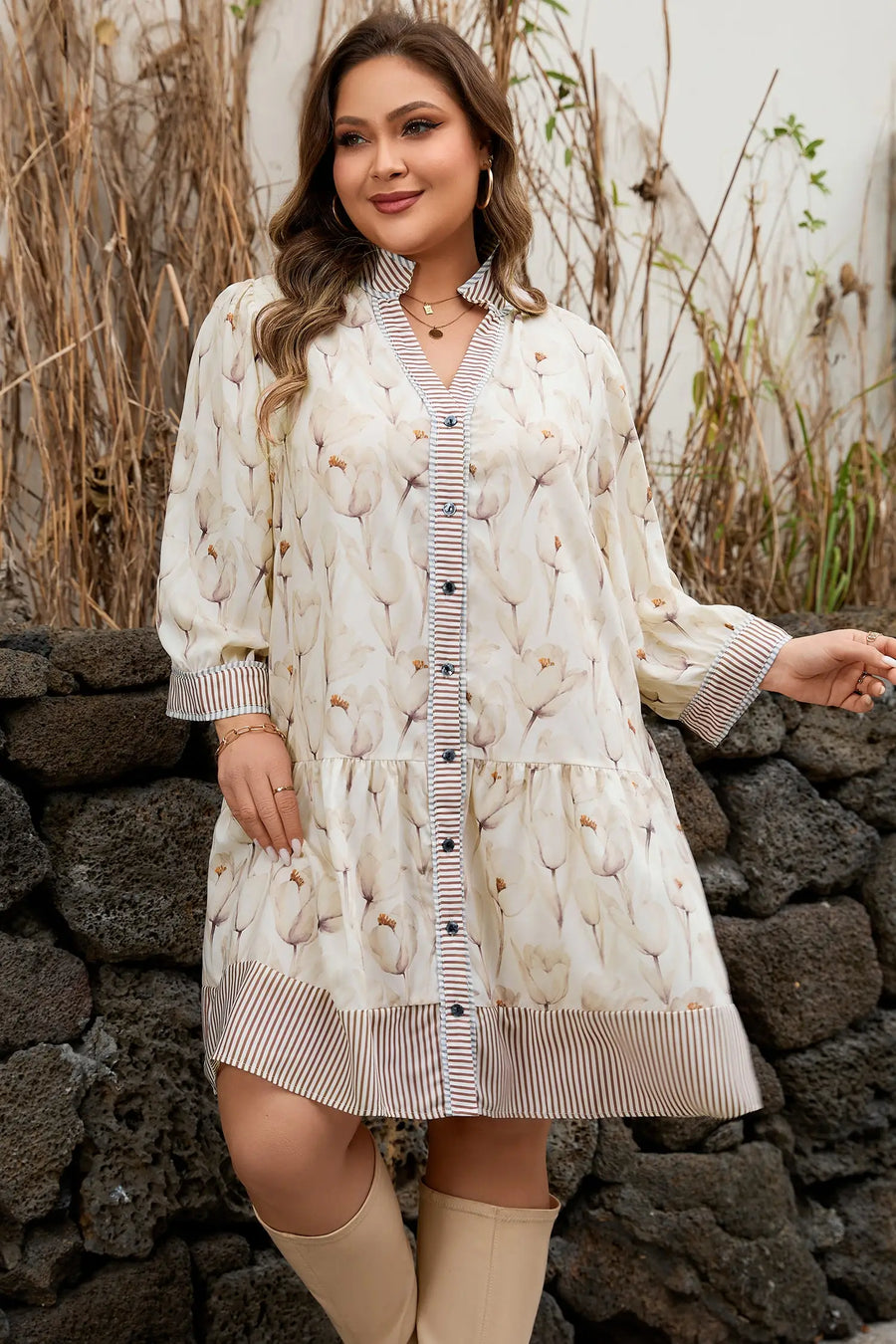 Khaki Plus Size Floral Patchwork Button Down Dress Women UK — side view