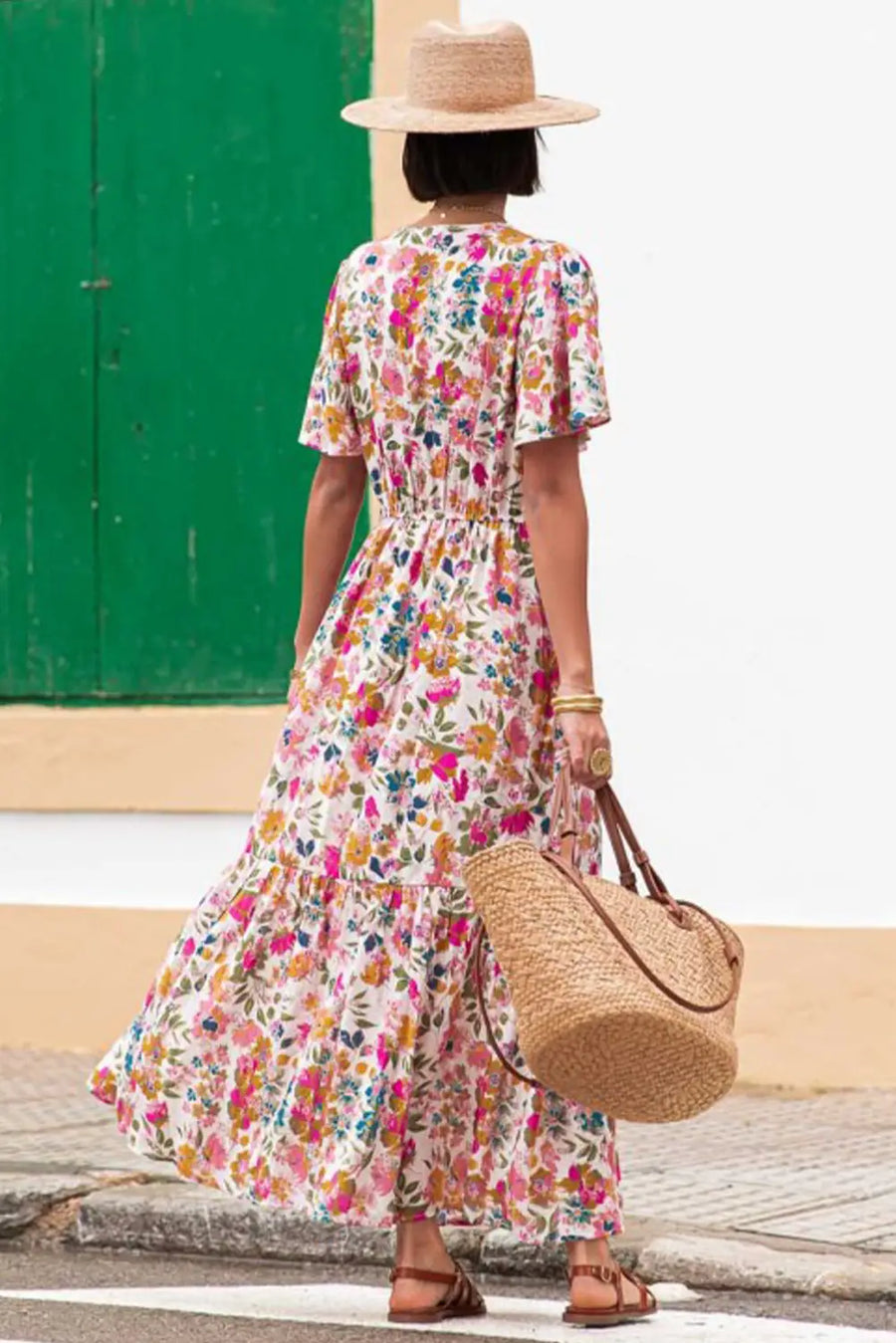 Red Floral Short Sleeve V Neck High Waist Maxi Dress Women UK