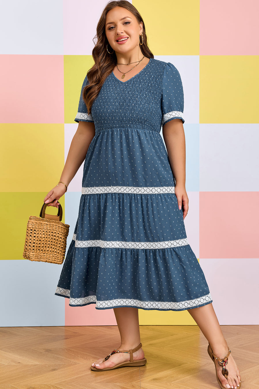 Plus Size Swiss Dot Lace Patchwork Flared Midi Dress Women UK
