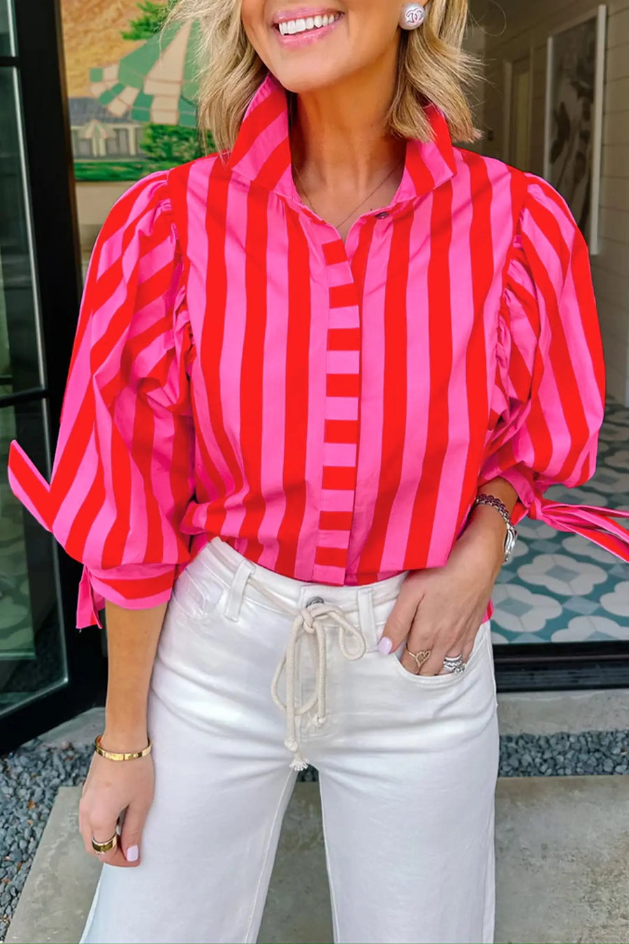 Stripe puff sleeve shirt styled with tailored trousers — smart casual office look