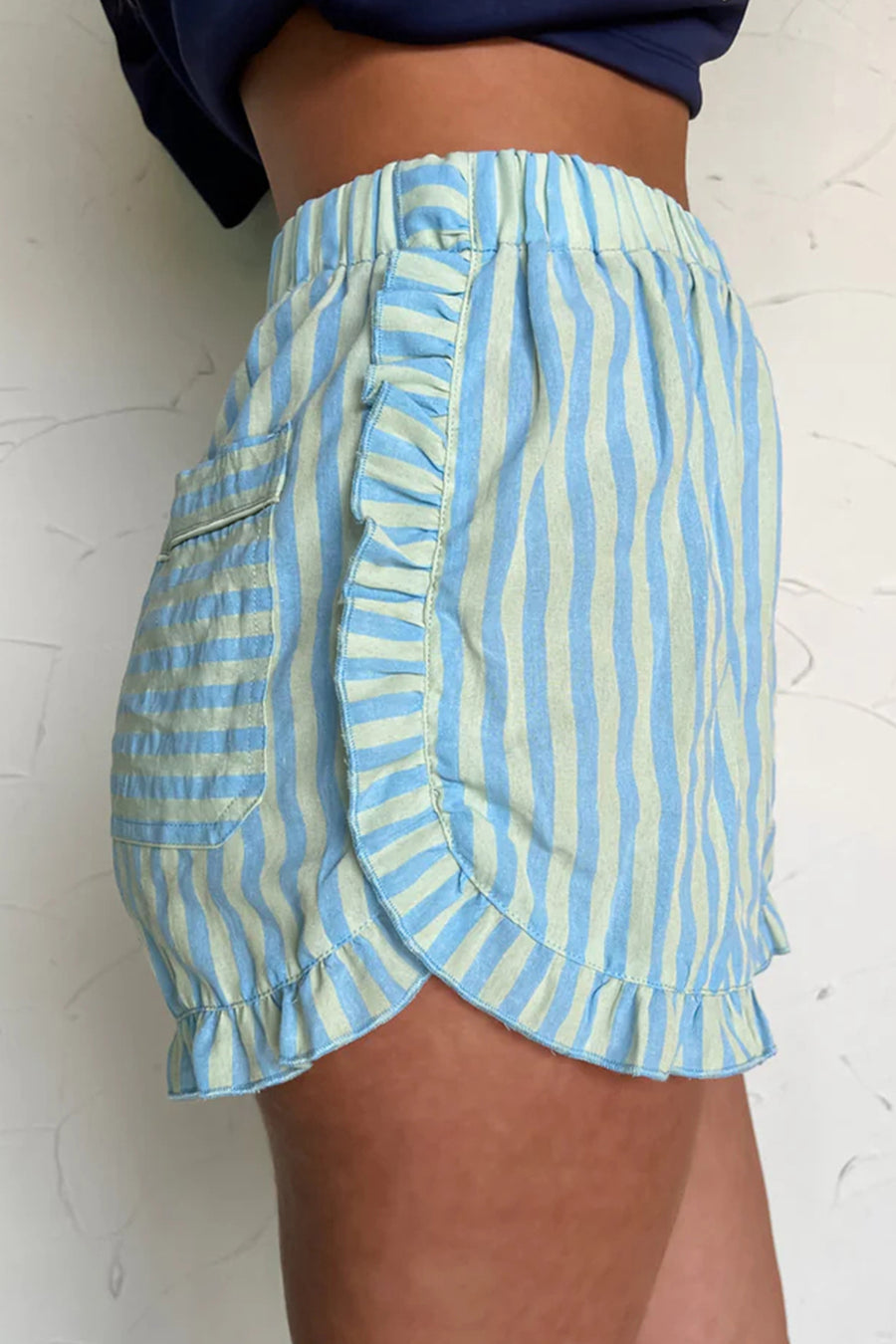 Stripe Ruffle Trim Elastic Waist Shorts Women UK