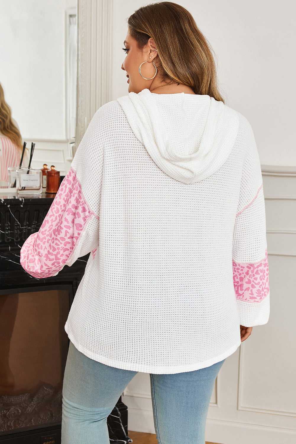 Back view of Curve Pink Leopard Stripe Waffle Hoodie for Women showing waffle knit texture and hood in a loose, comfortable plus size design.