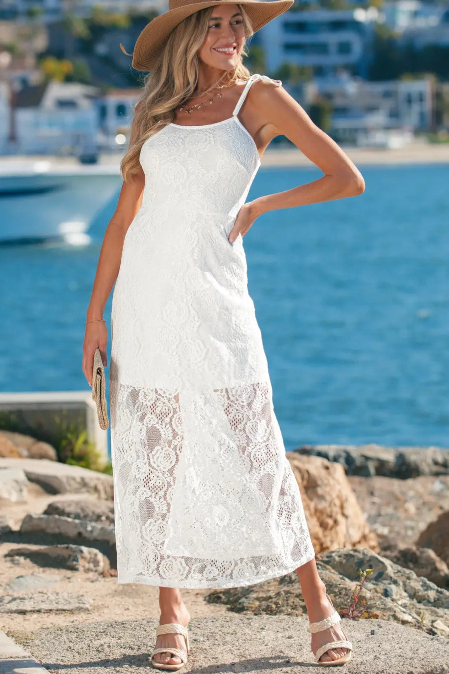 White lace overlay spaghetti strap maxi dress dresses
