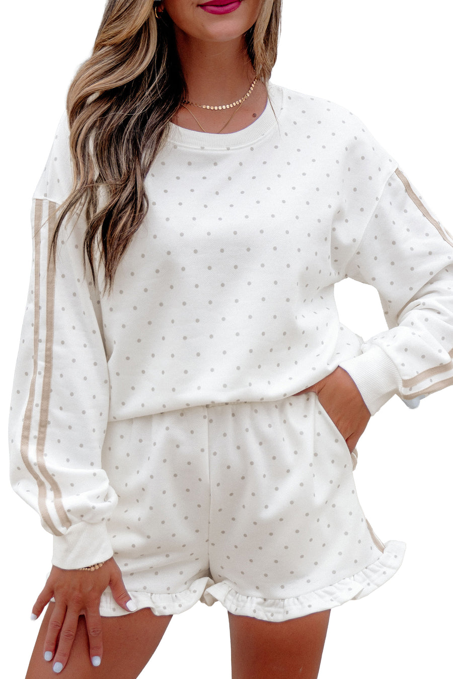 White Polka Dot Stripe Casual Sweatshirt & Shorts Set