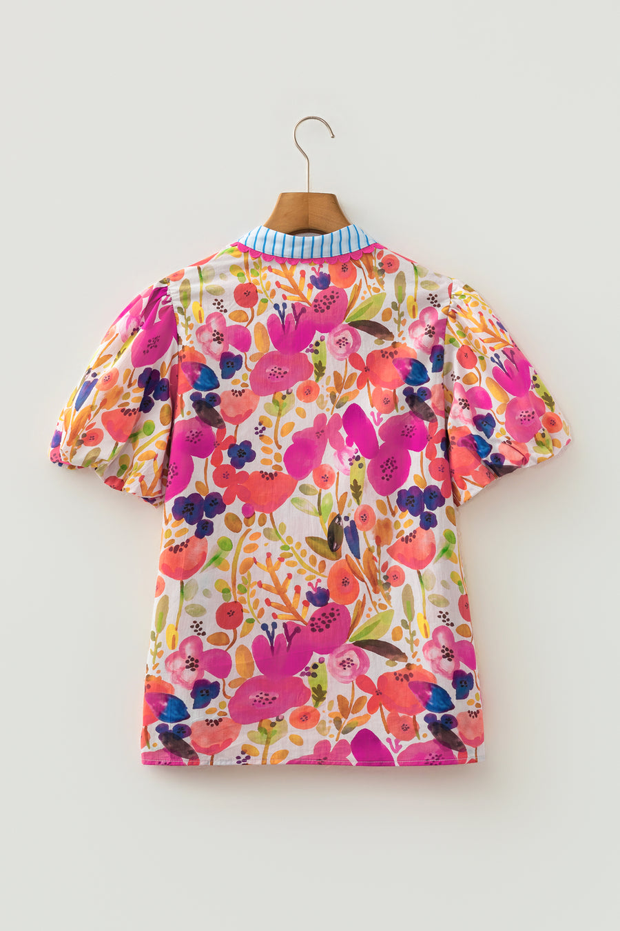 Floral Print V-Neck Puff Sleeve Cotton Blouse Women UK