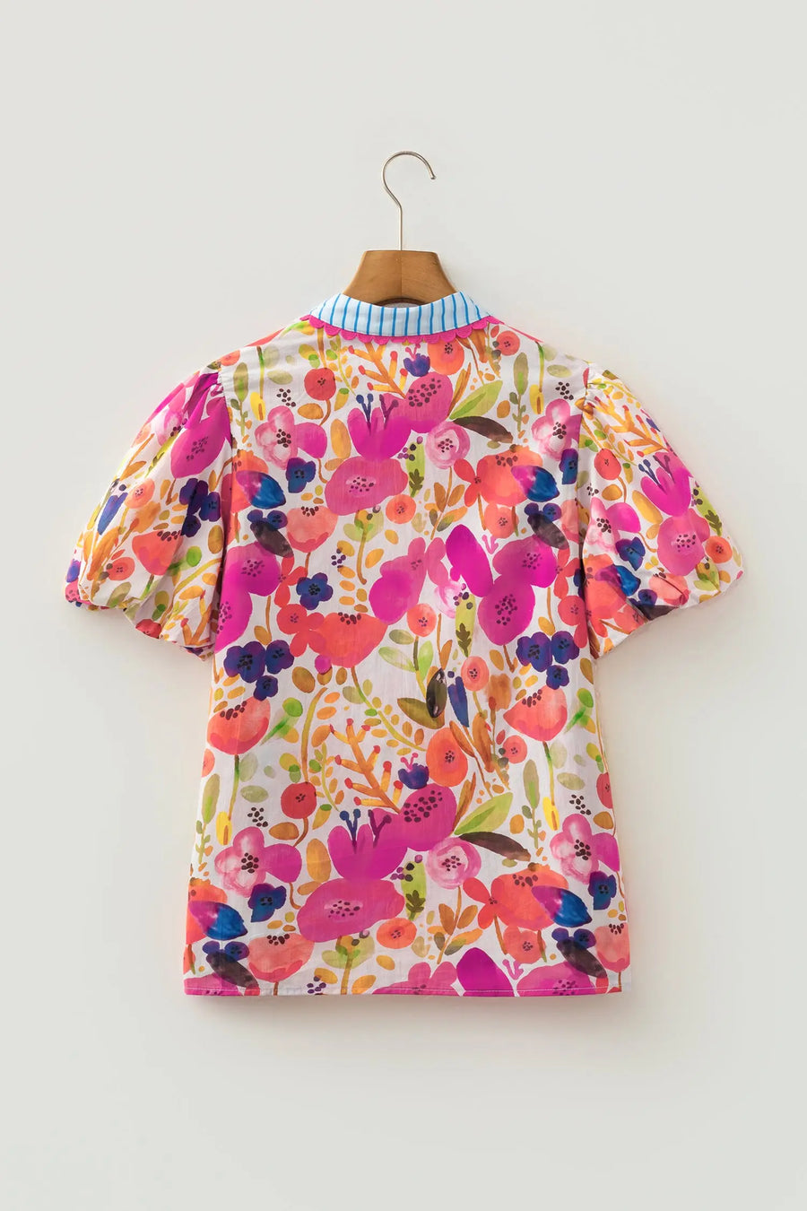 Floral Print V-Neck Puff Sleeve Cotton Blouse Women UK