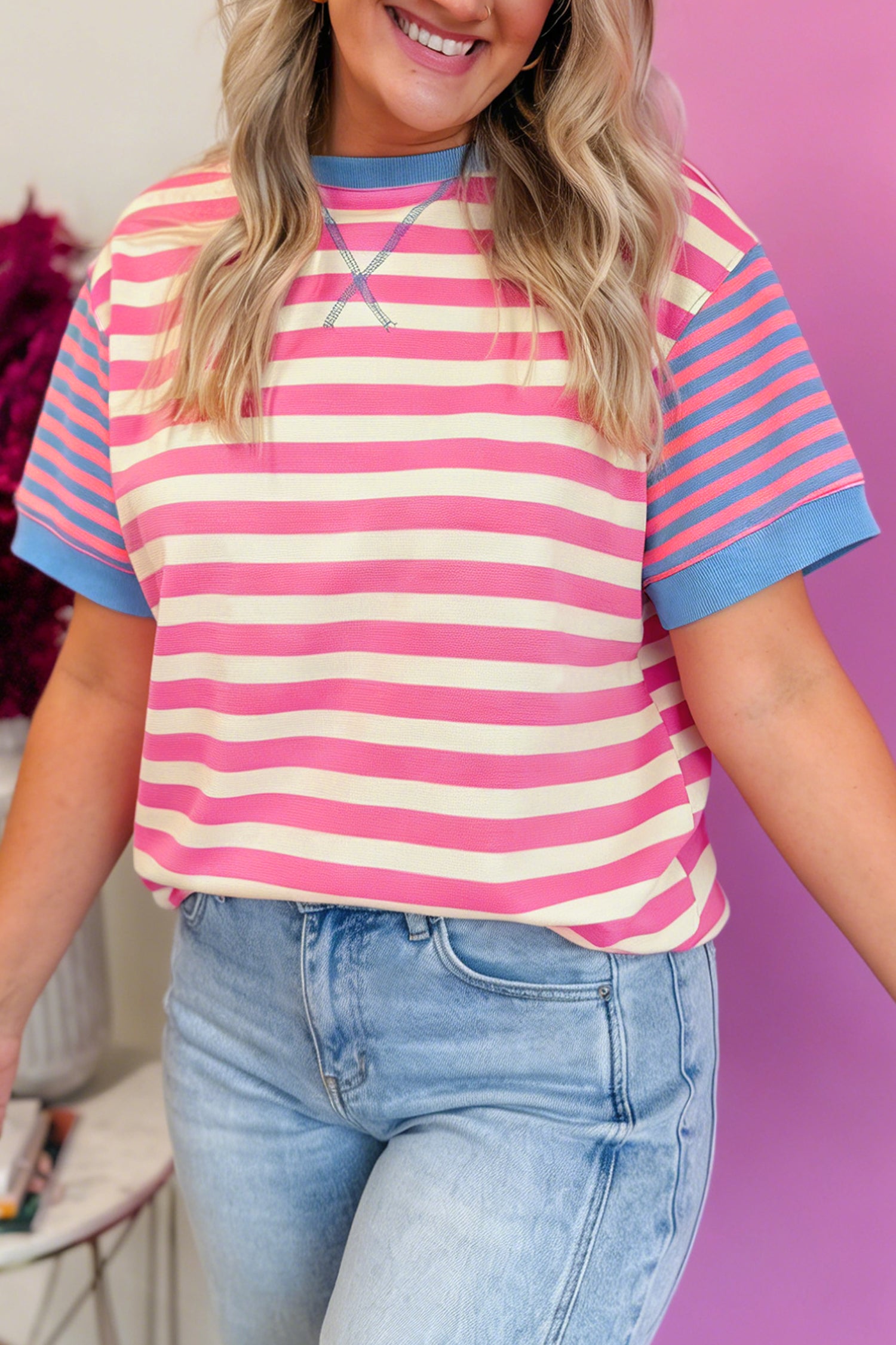 Stripe Contrast Patchwork Short Sleeve Tee Women UK