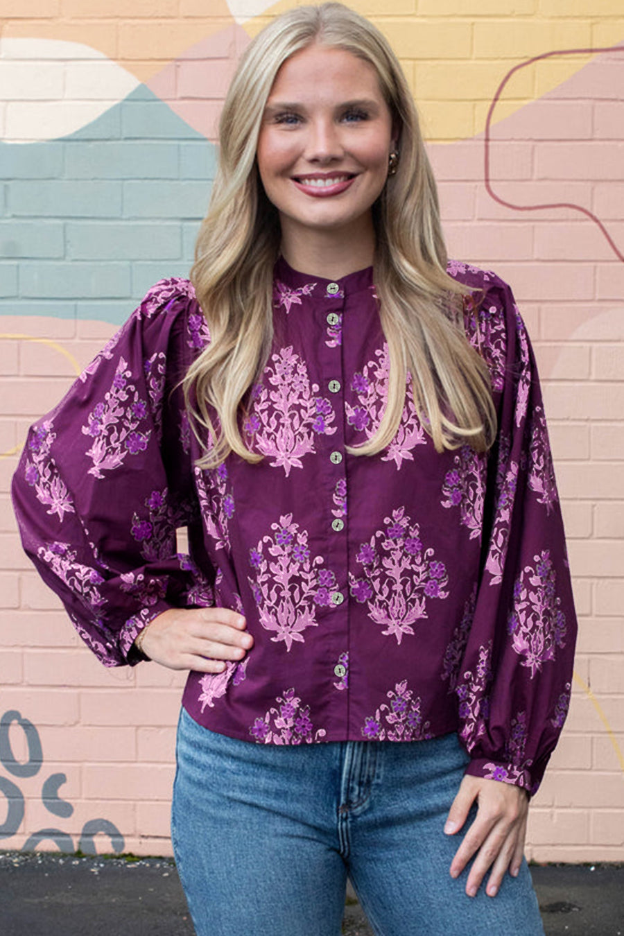 Floral Print Button-Up Long Puff Sleeve Shirt Women UK