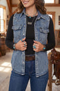 Blue denim button front pocket sleeveless cowboy vest front view — Fashionfitz UK