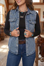 Blue denim button front pocket sleeveless cowboy vest front view — Fashionfitz UK