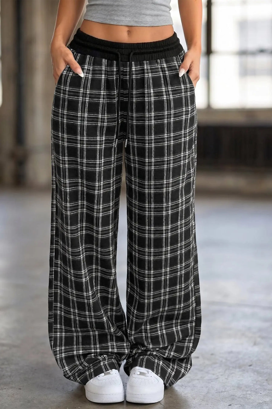 Plaid Contrast Drawstring Waist Wide Leg Trousers — close-up detail | Fashionfitz UK