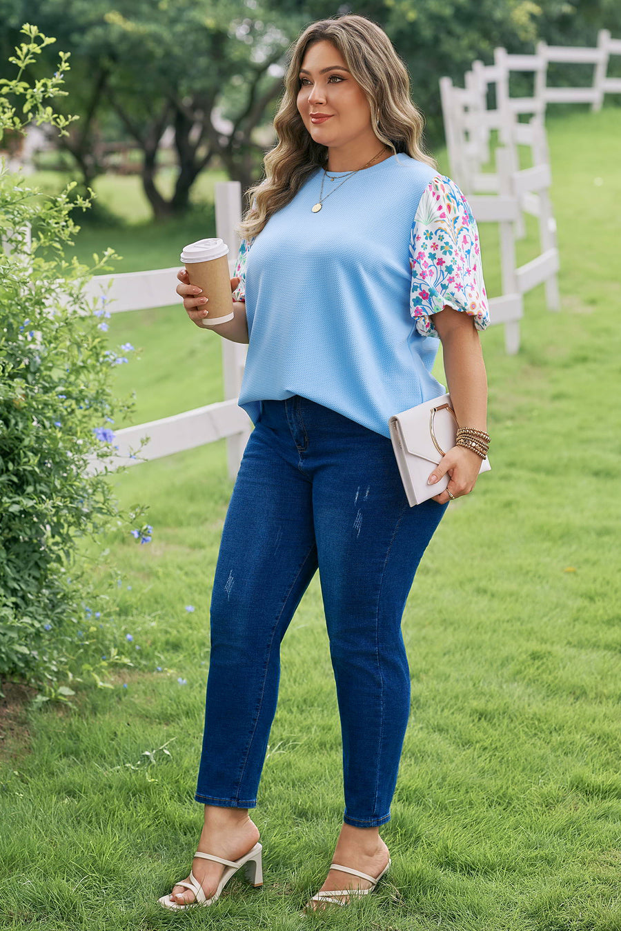 Textured Bodice Contrast Floral Sleeve Plus Size Top Women UK