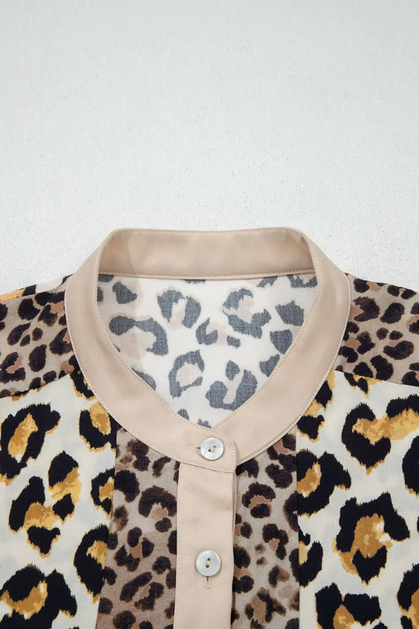 Khaki leopard panel 3/4 sleeve relaxed casual shirt front view — Fashionfitz UK