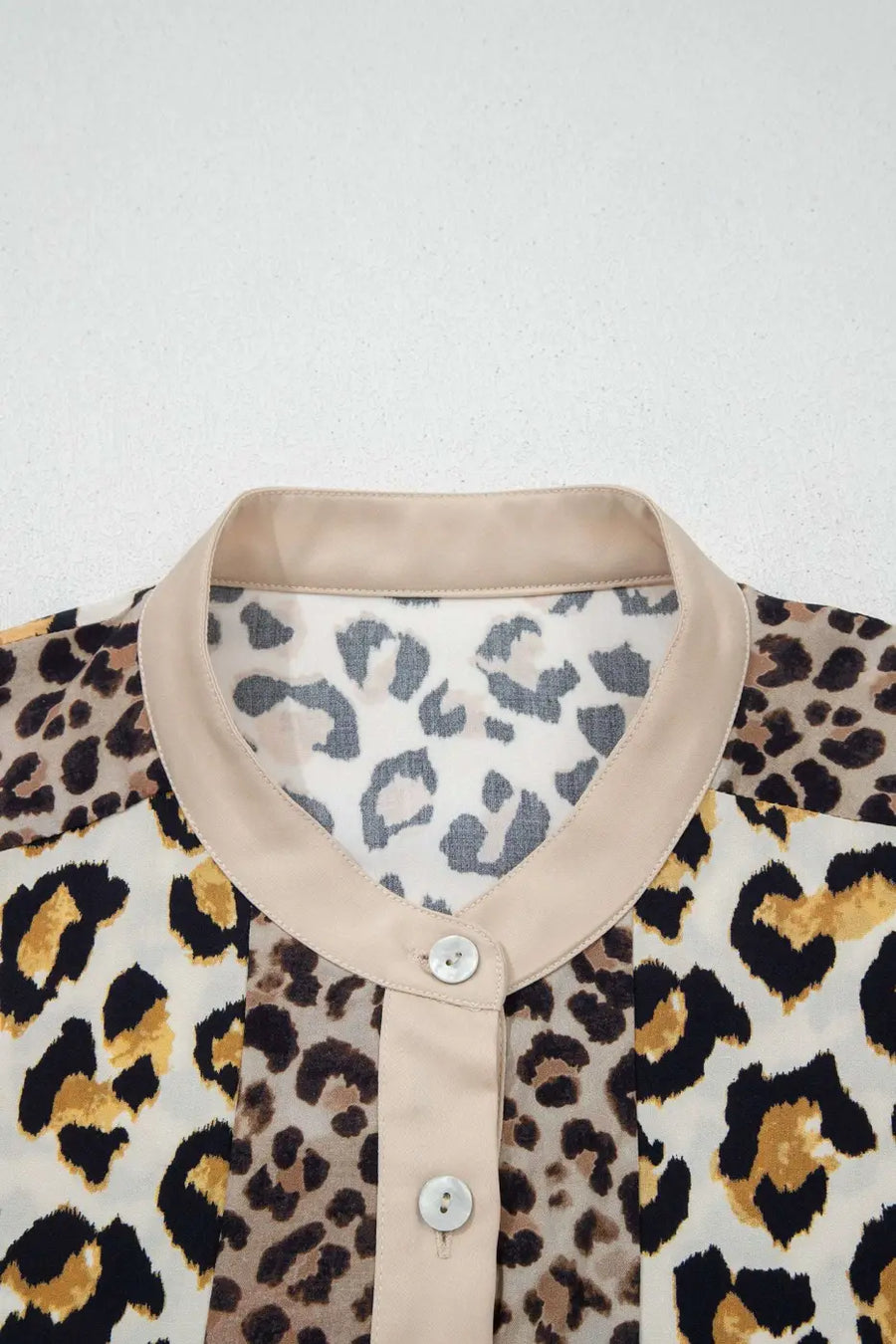 Leopard Panel 3/4 Sleeve Relaxed Shirt Women UK in khaki — front view showing leopard contrast panels and relaxed silhouette — Fashionfitz