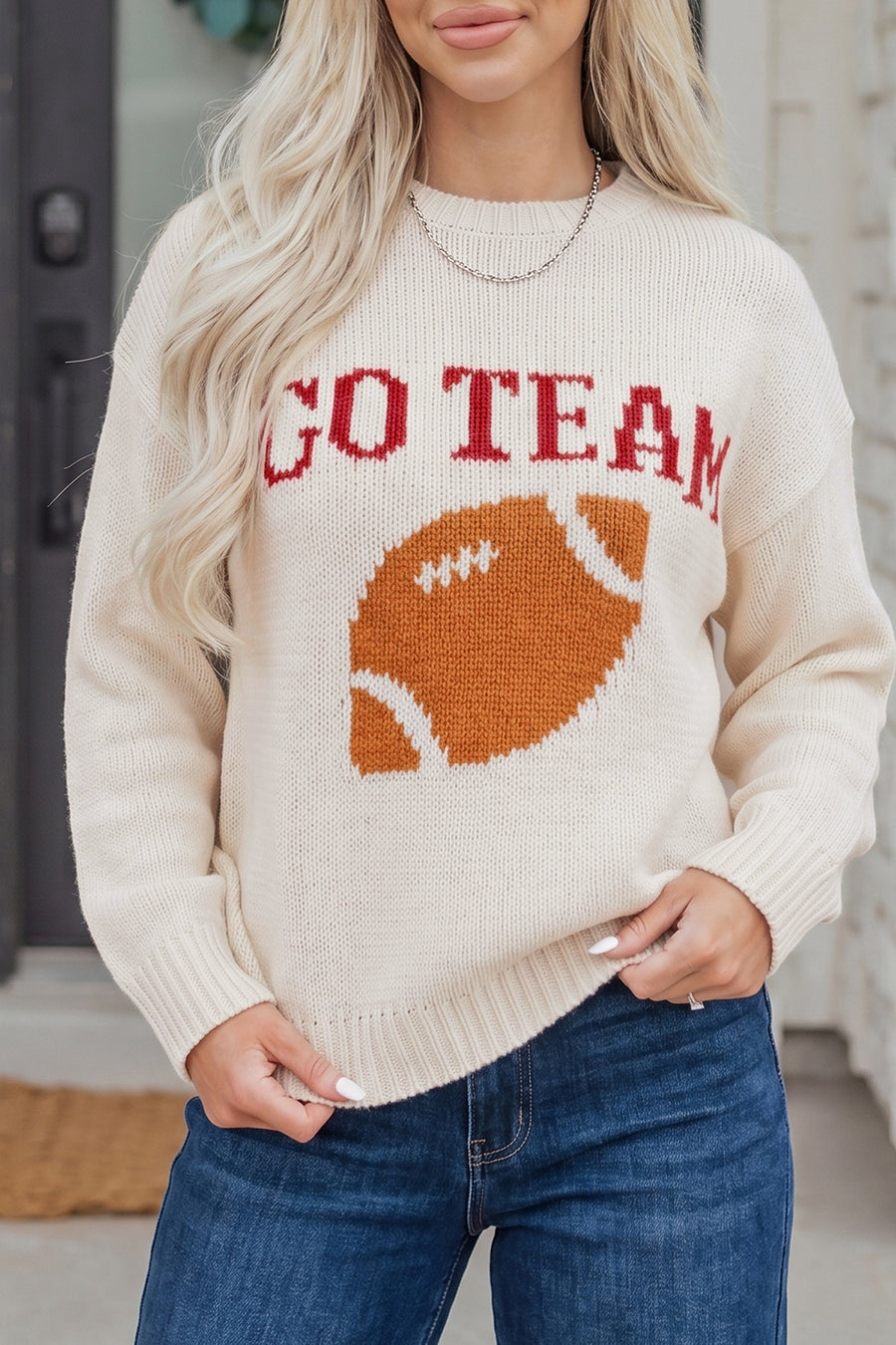 Beige Go Team football drop shoulder knit sweater women UK | Fashionfitz