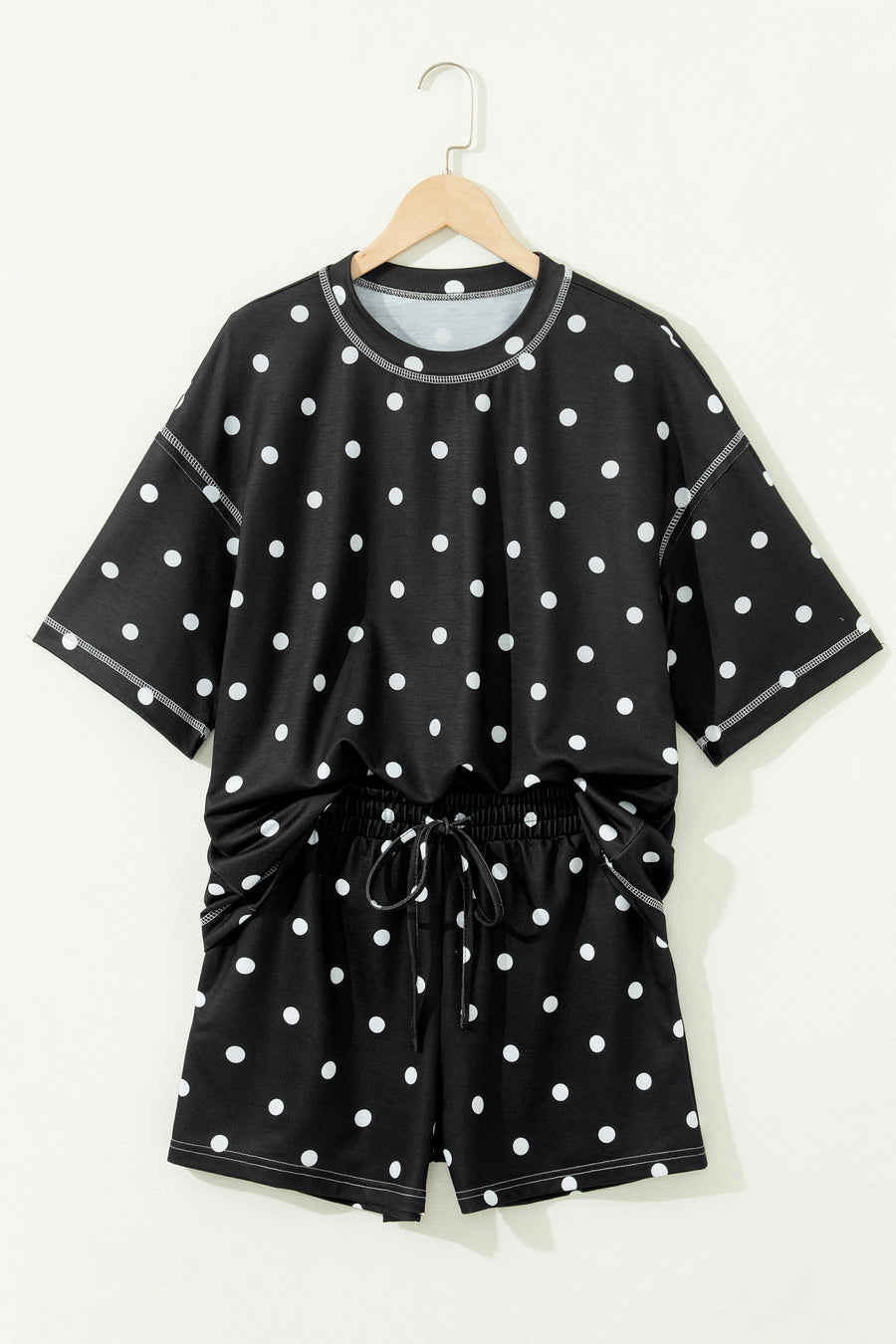 Polka Dot Exposed Seam Loose Tee Drawstring Shorts Two-Piece Set — close-up detail | Fashionfitz UK