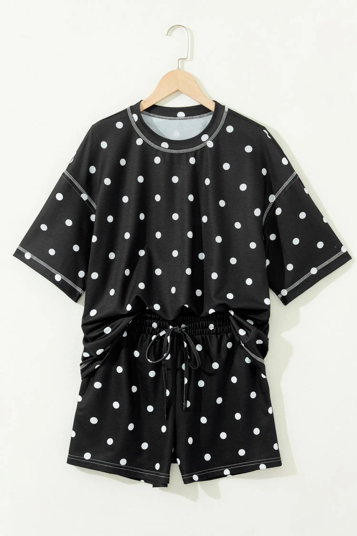 Polka Dot Exposed Seam Loose Tee Drawstring Shorts Two-Piece Set