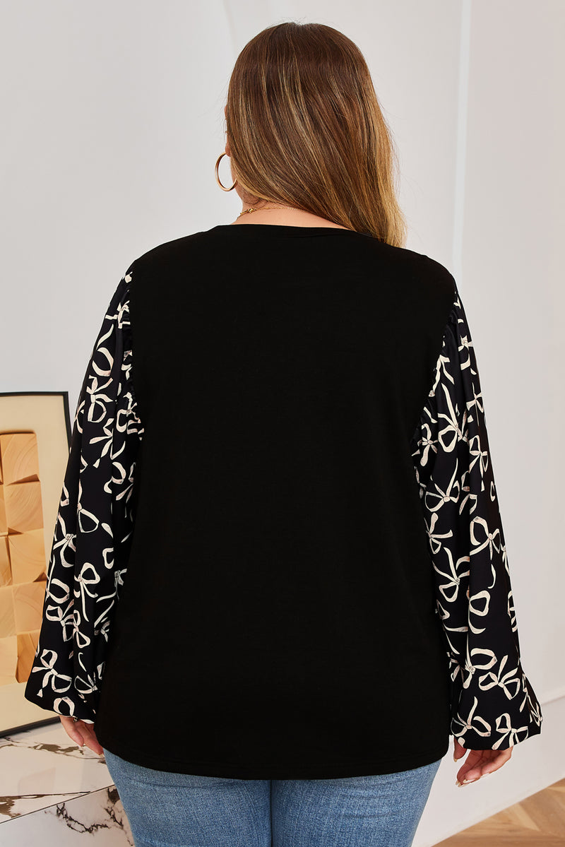 Back view of bow knot patchwork crewneck plus size blouse