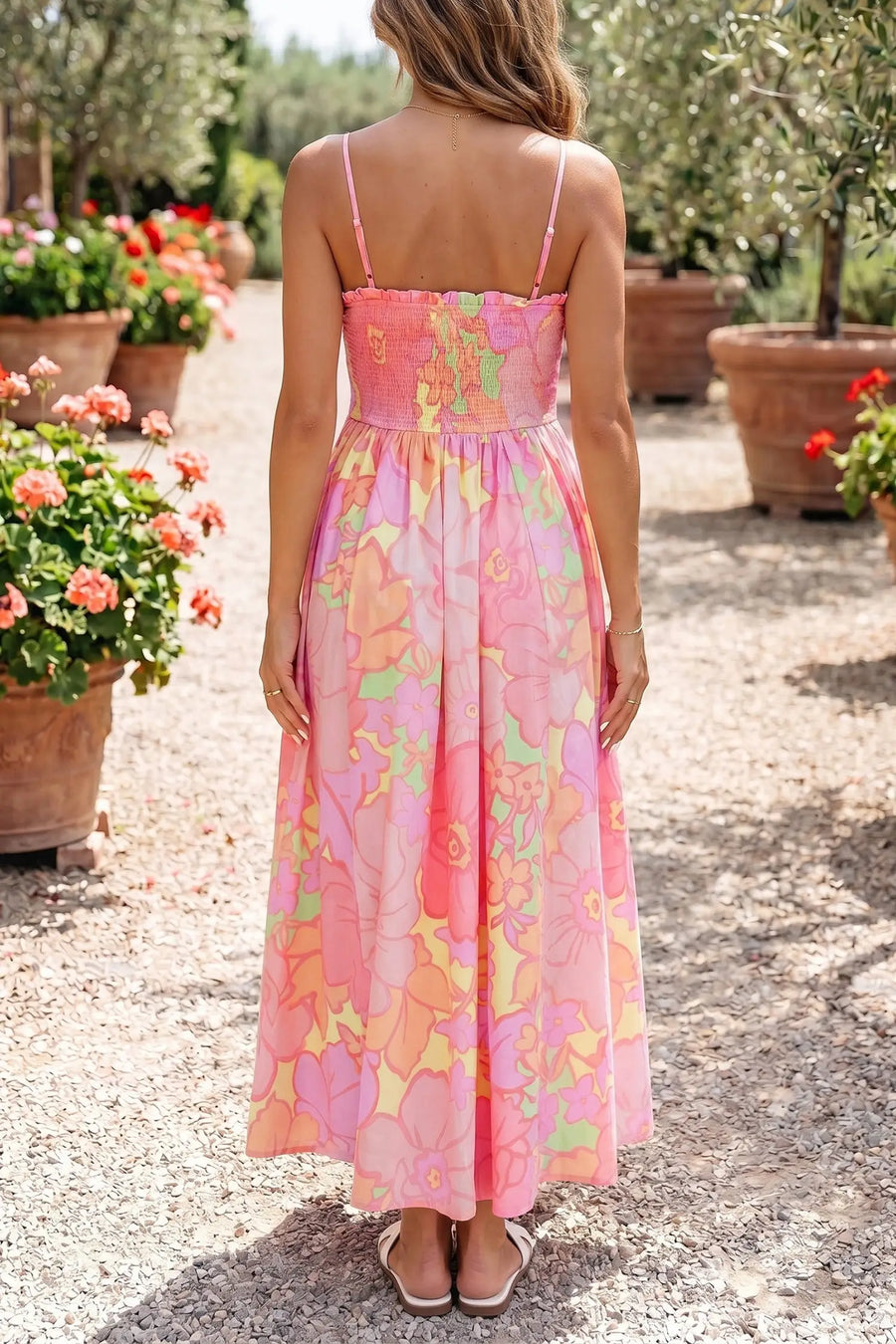 Pink floral shirred high waist dress back view — Fashionfitz UK