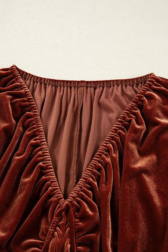 Clay elastic v neck puff sleeve short velvet dress