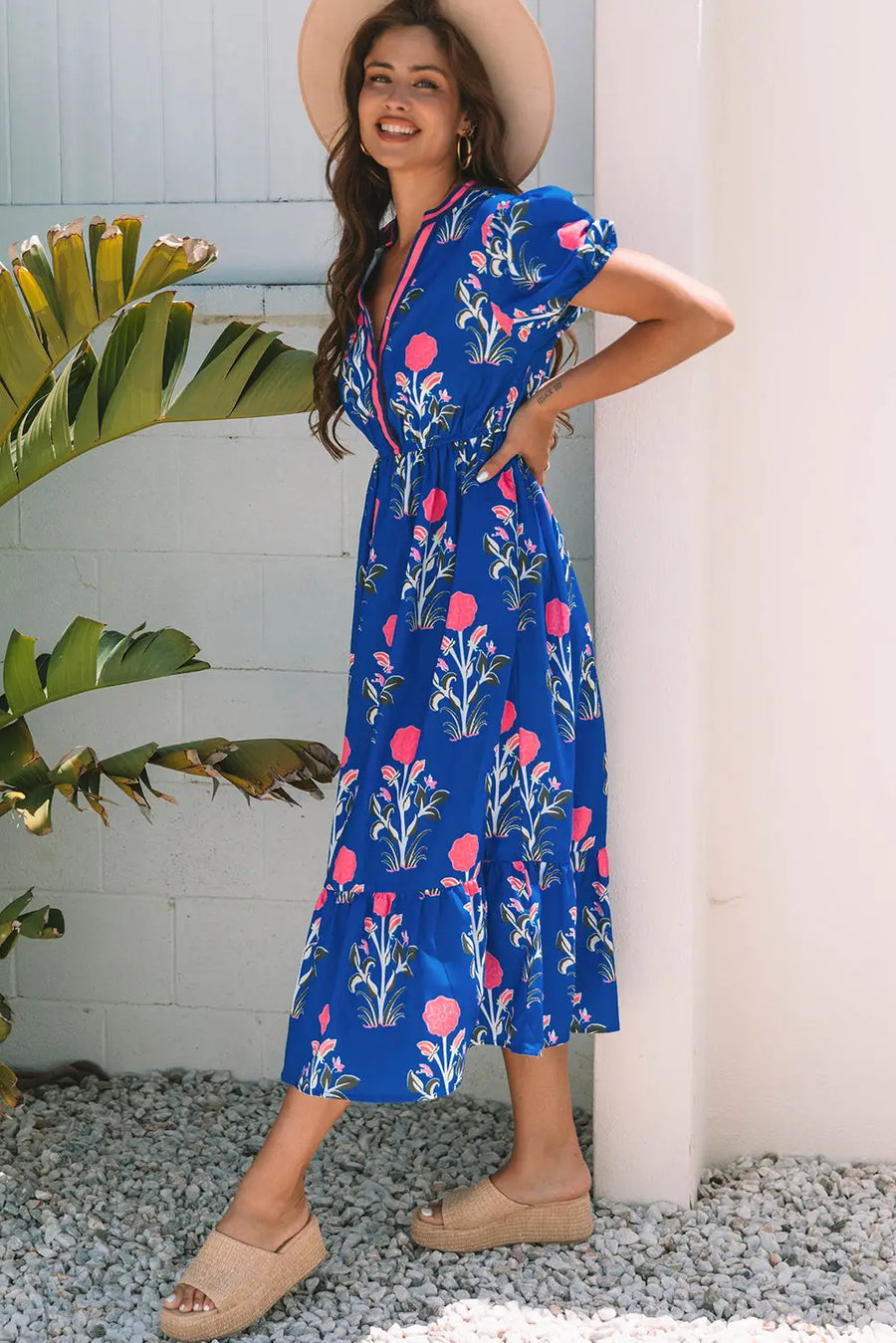 Sky Blue Floral Puff Sleeve V Neck High Waist Maxi Dress Women UK — side detail