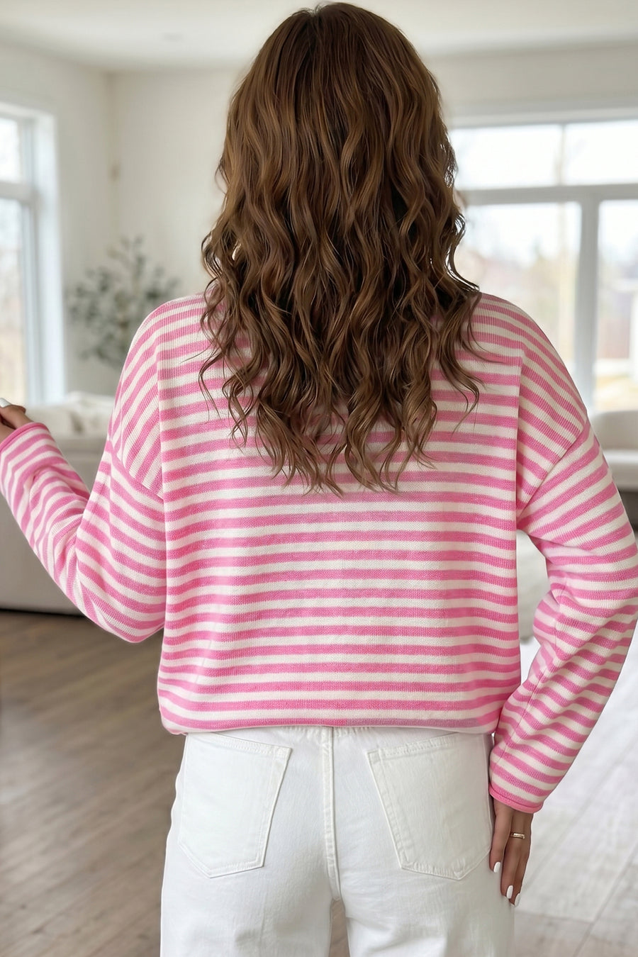 Stripe Drop Shoulder Button Placket Sweater