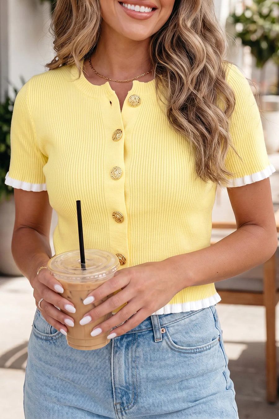 Ribbed Knit Contrast Frilled Short Sleeve Cardigan Women UK — styled outfit look | Fashionfitz UK