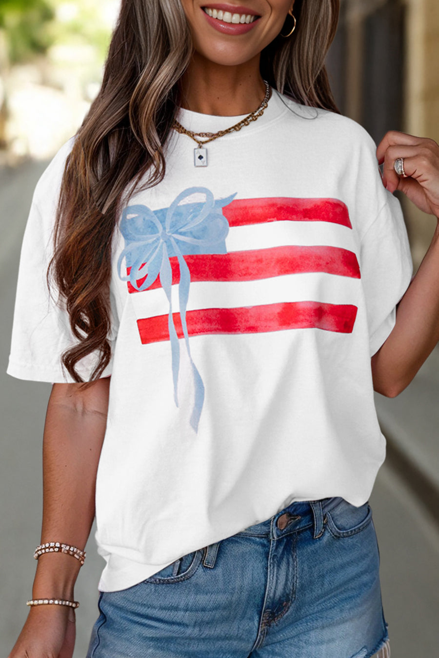 Light Pink Flag Bow Graphic Crewneck Tee