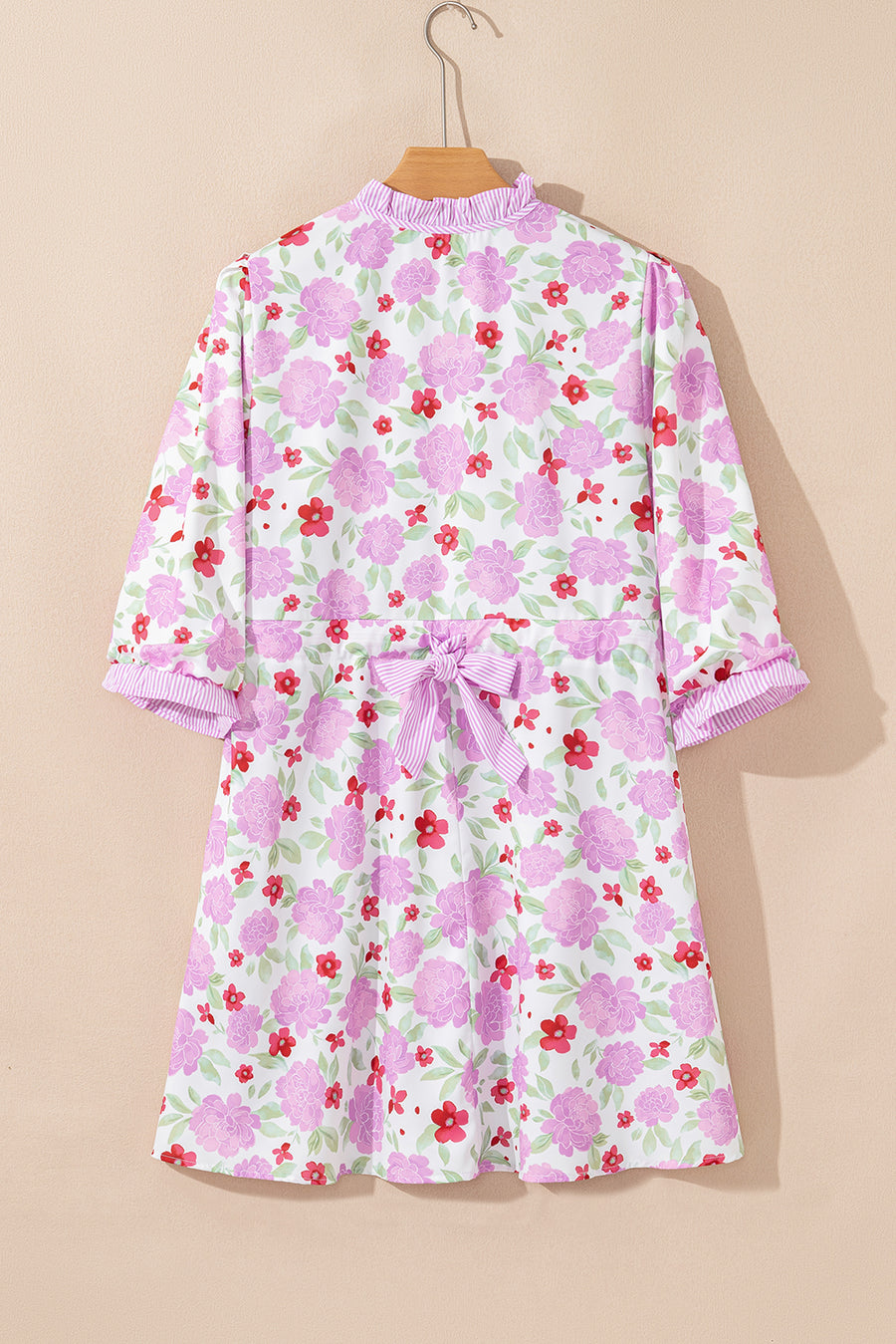 Pink Floral Print Striped Trim Frilled Neck 3/4 Sleeve Flared Mini Dress