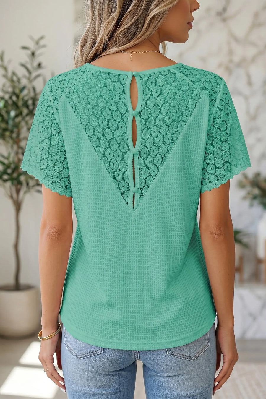 V-neck waffle knit blouse styled with denim — casual summer outfit