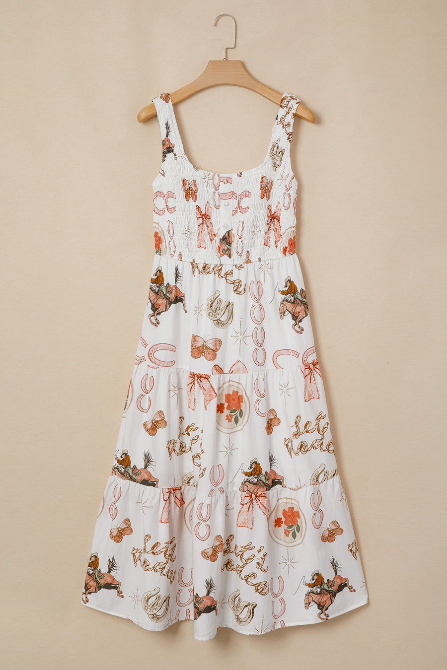 White Western Horseshoe Print U-Neck Sleeveless Midi Dress