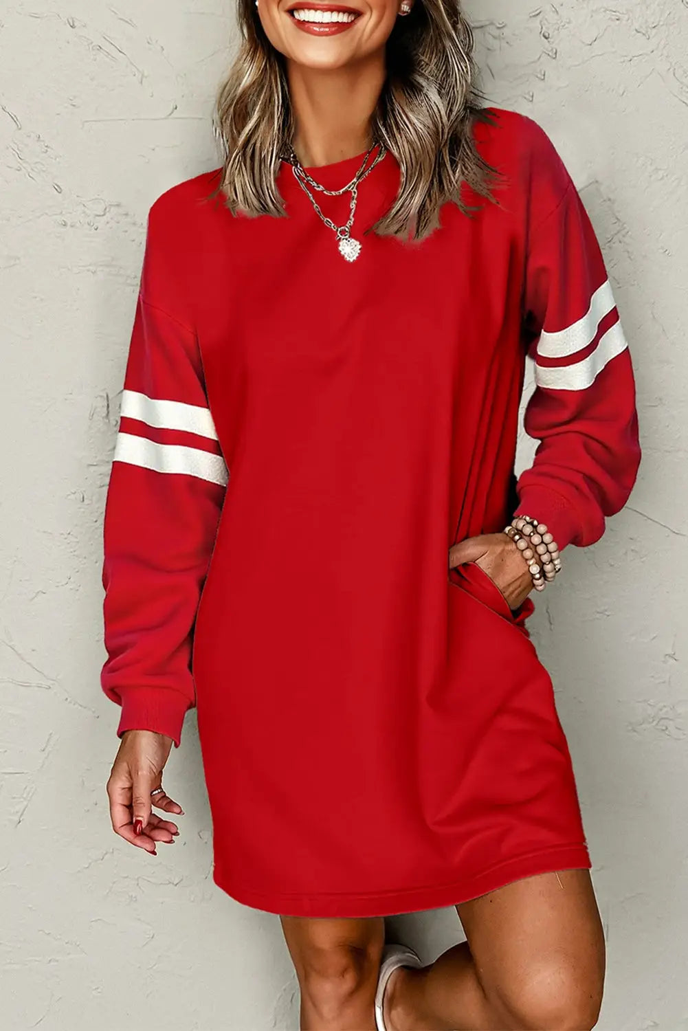 Black varsity contrast banded sleeve sweatshirt dress