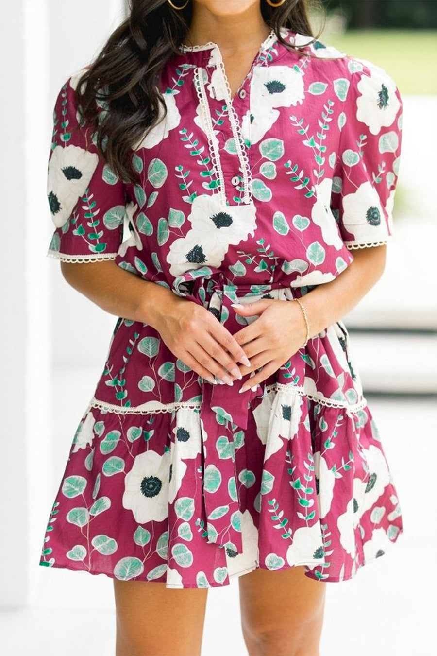 Red Floral Trimmed Puff Sleeve Belted Mini Dress Women UK — side detail