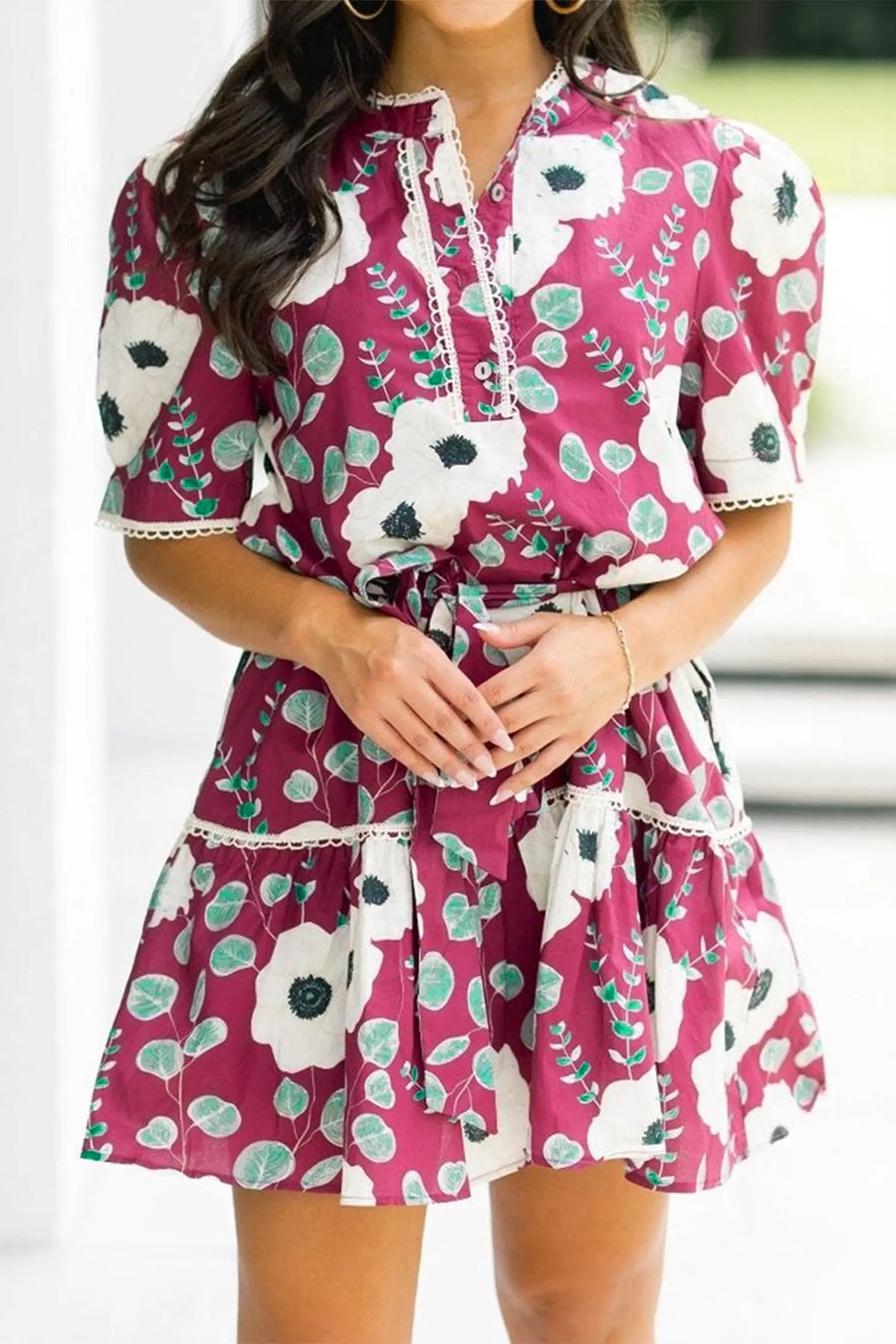 Red Floral Trimmed Puff Sleeve Belted Mini Dress Women UK — side detail