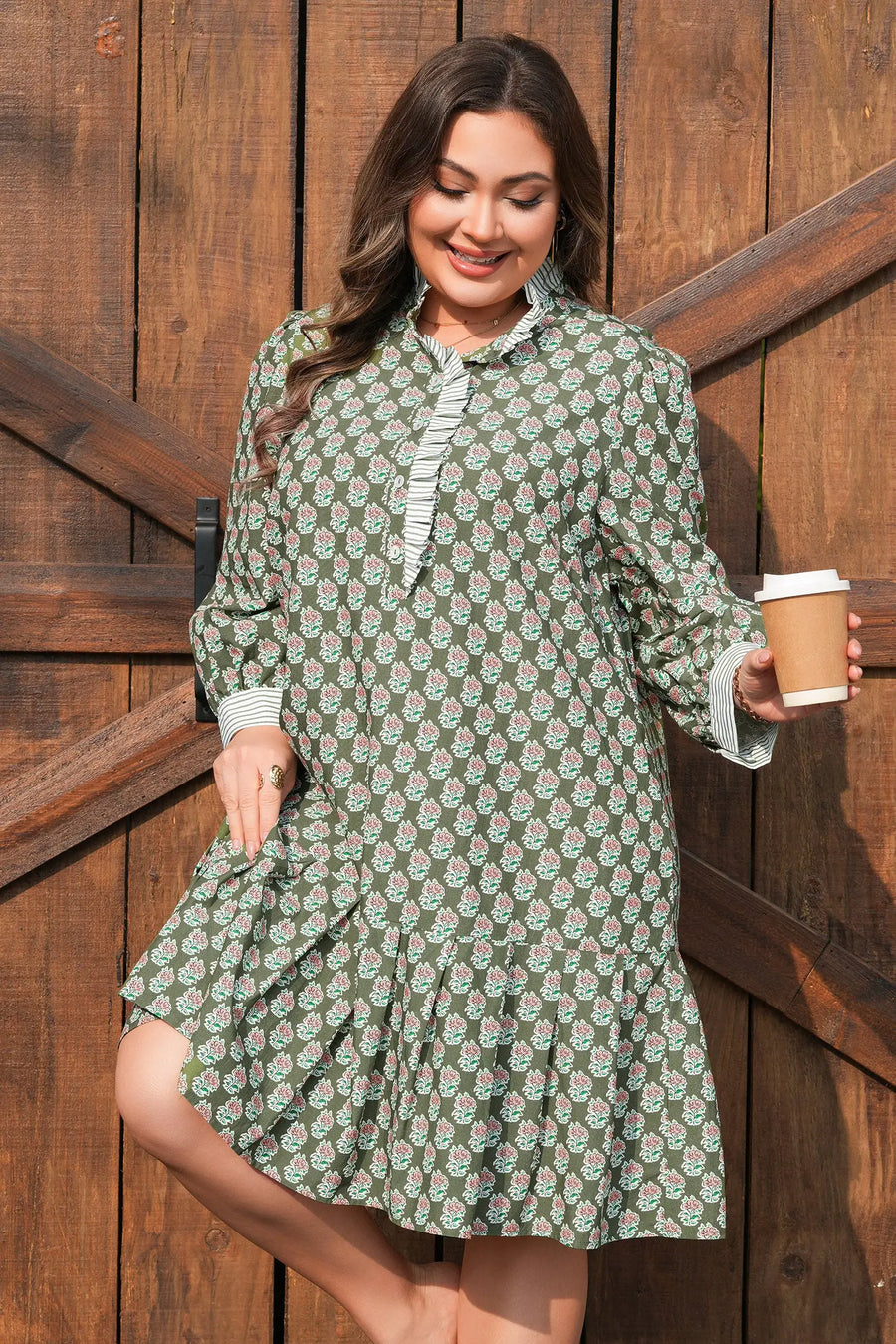 Green Plus Size Floral Frilled Collar 3/4 Sleeve Dress Women UK — side detail