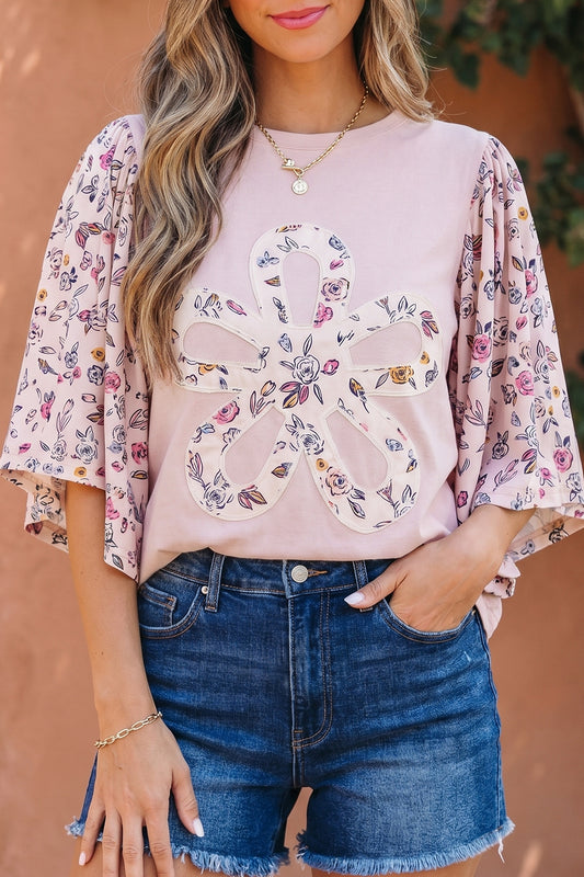Floral Patchwork Contrast Panel Flowy Half Sleeve Blouse