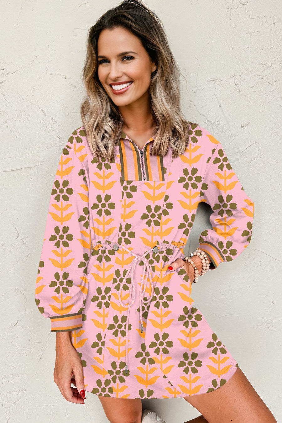 Pink Floral Zip Neck Striped Patchwork Drawstring Dress Women UK — side view