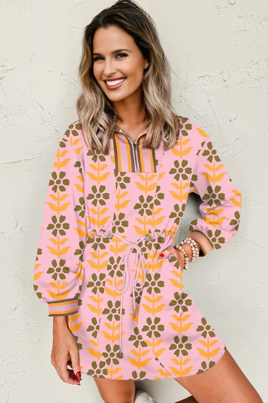Pink Floral Zip Neck Striped Patchwork Drawstring Dress Women UK — side view