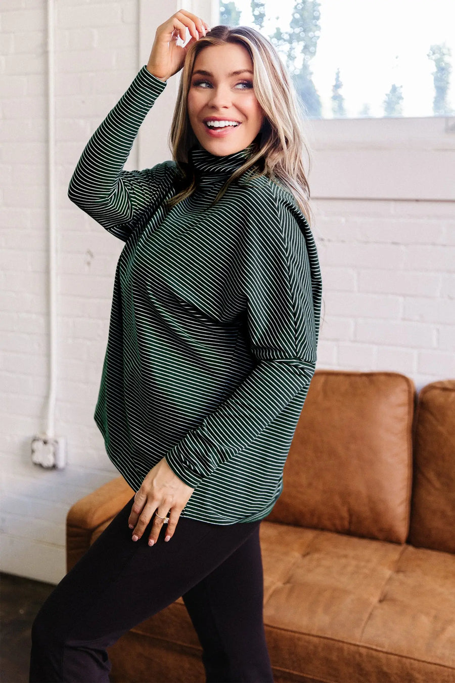Dropped shoulder long sleeve striped top side view — Fashionfitz UK