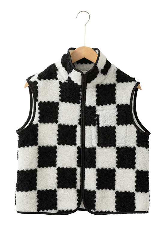 CozyCheck Sherpa Vest – Classic Black & White