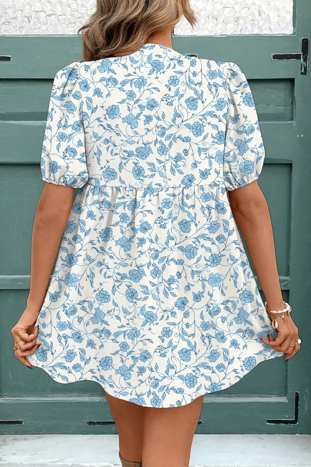 Sky blue floral puff sleeve mini dress with bows