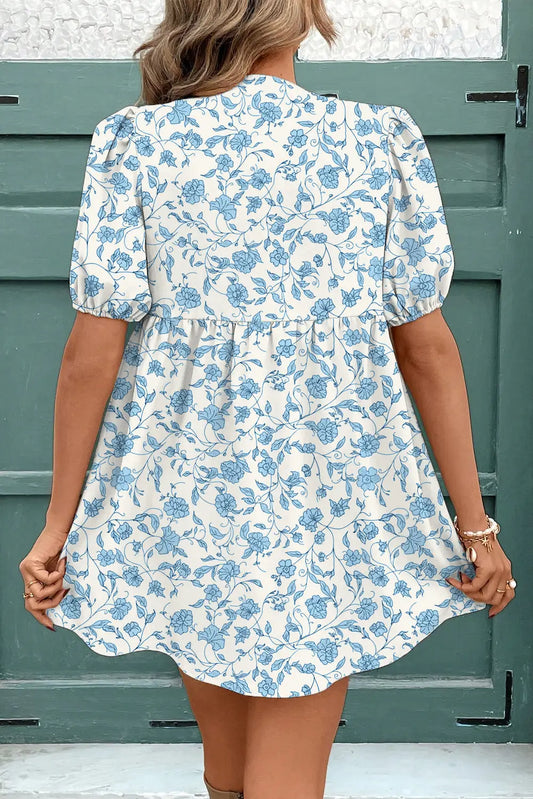 Sky blue floral puff sleeve mini dress with bows