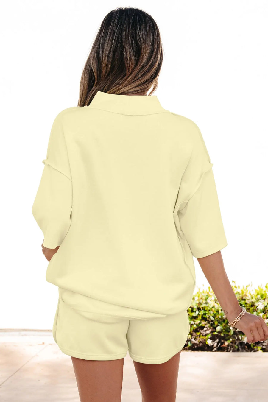 Exposed seam mock neck oversized tee shorts two piece set pockets outfit sets