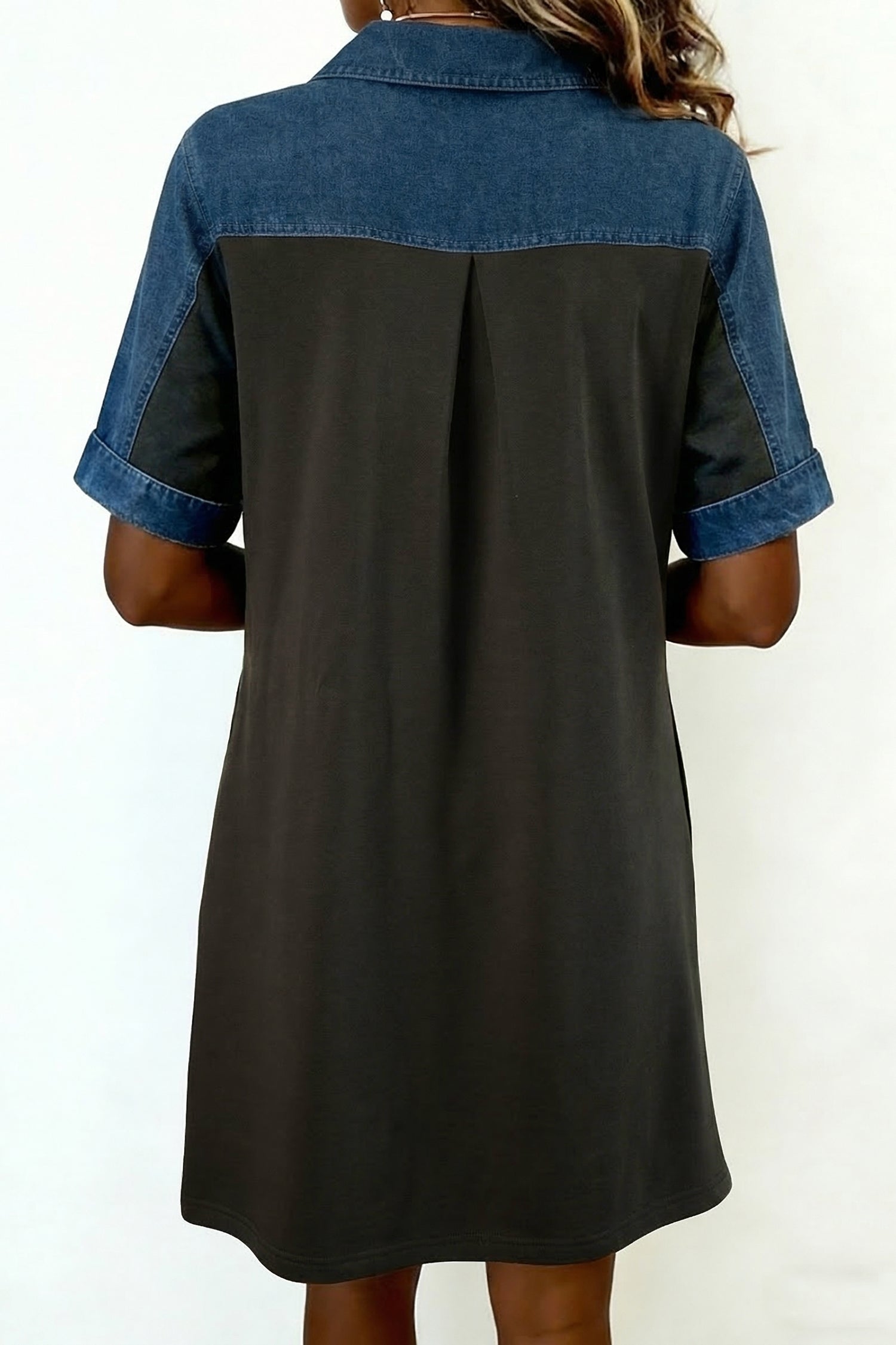 Colour Block Denim Patchwork Polo Collar T-Shirt Dress Women UK