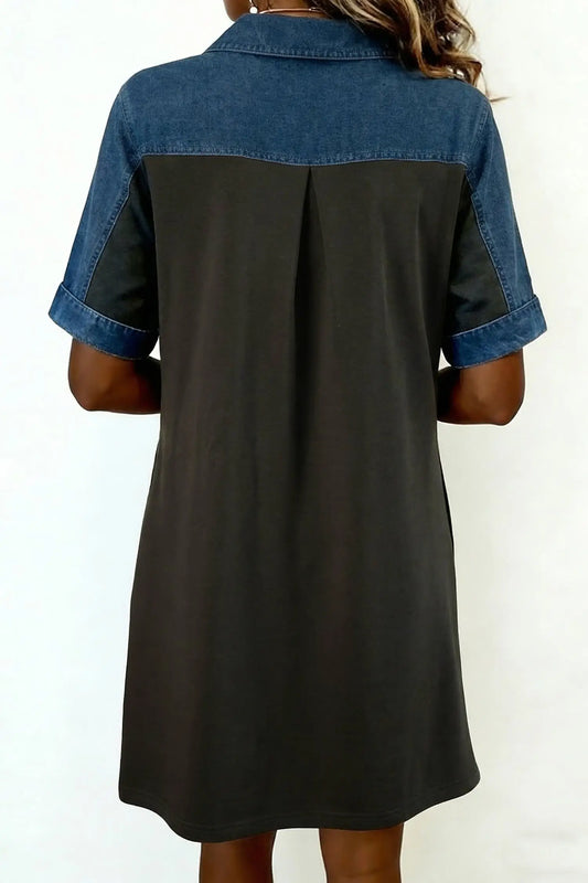 Women's denim patchwork mini dress side view casual grey