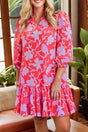 Red Floral 3/4 Sleeve Ruffle Hem Mini Dress Women UK