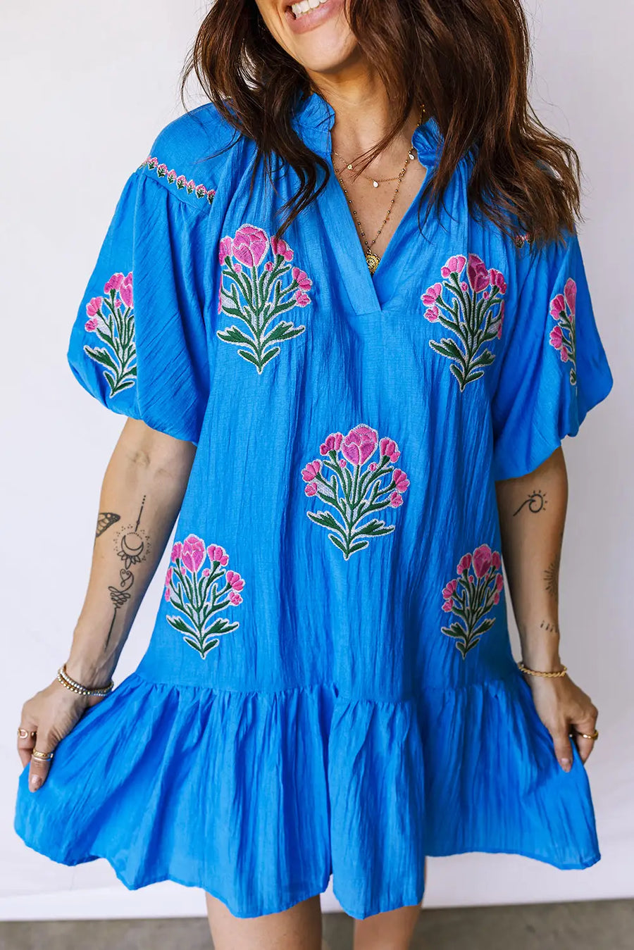 Multicolour Floral Doodle Striped Trim V Neck Midi Dress Women UK