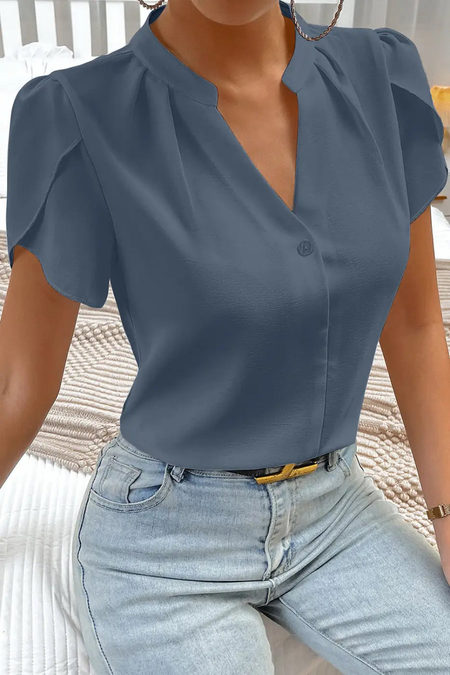 Women’s silky petal sleeve notched neckline blouse | fashionfitz